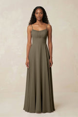 A - Line Ruched Chiffon Spaghetti Strap Bridesmaid Dress in Willow Green - KissProm Bridesmaid Dresses