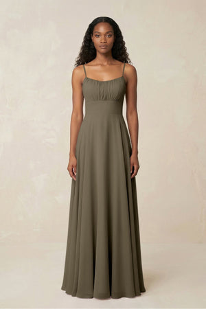 A - Line Ruched Chiffon Spaghetti Strap Bridesmaid Dress in Willow Green - KissProm Bridesmaid Dresses