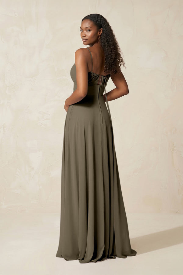 A - Line Ruched Chiffon Spaghetti Strap Bridesmaid Dress in Willow Green - KissProm Bridesmaid Dresses