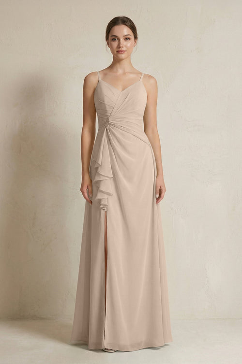 A - Line Ruffled Spaghetti Strap Chiffon Bridesmaid Dress in Almond - KissProm Bridesmaid Dresses