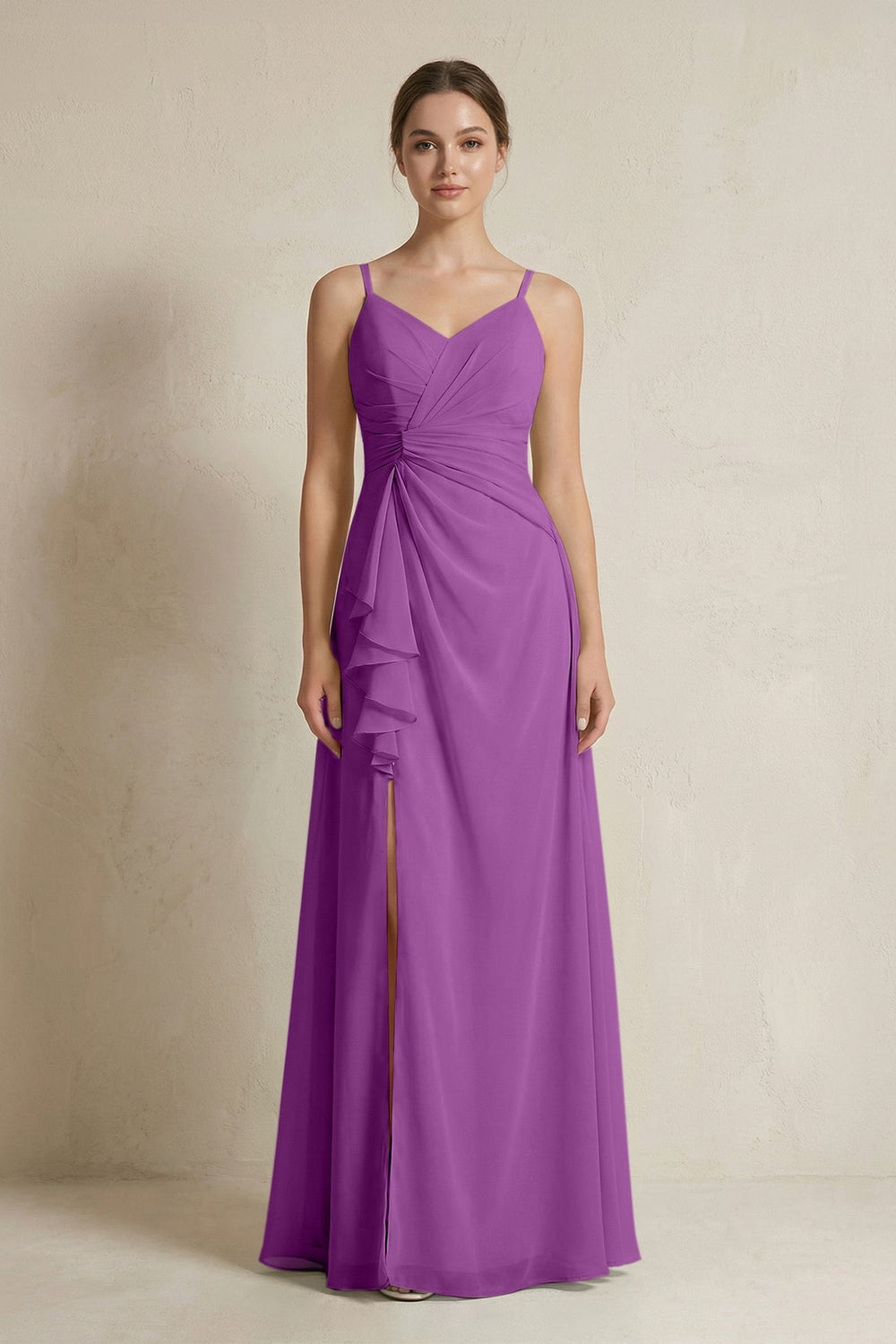 A - Line Ruffled Spaghetti Strap Chiffon Bridesmaid Dress in Amethyst - KissProm Bridesmaid Dresses