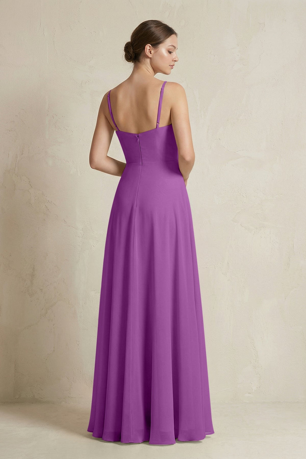 A - Line Ruffled Spaghetti Strap Chiffon Bridesmaid Dress in Amethyst - KissProm Bridesmaid Dresses