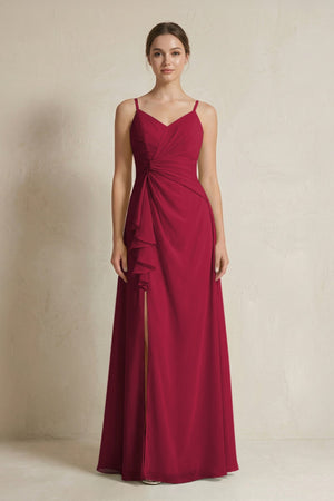 A - Line Ruffled Spaghetti Strap Chiffon Bridesmaid Dress in Berry - KissProm Bridesmaid Dresses