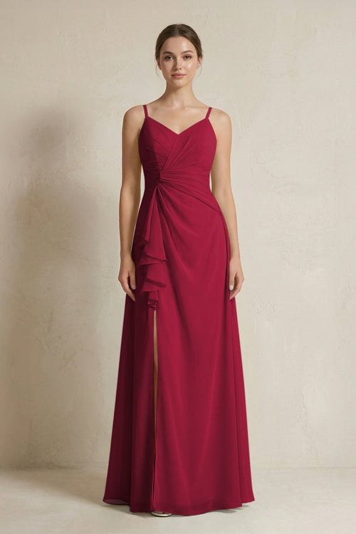 A - Line Ruffled Spaghetti Strap Chiffon Bridesmaid Dress in Berry - KissProm Bridesmaid Dresses