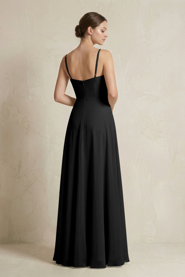A - Line Ruffled Spaghetti Strap Chiffon Bridesmaid Dress in Black - KissProm Bridesmaid Dresses