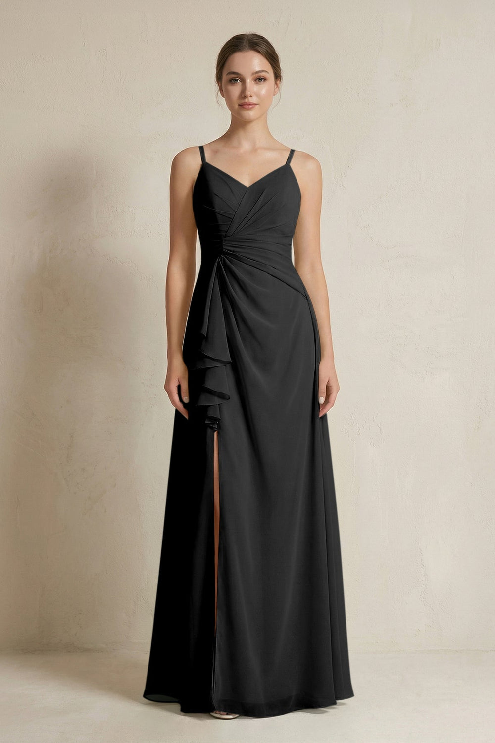A - Line Ruffled Spaghetti Strap Chiffon Bridesmaid Dress in Black - KissProm Bridesmaid Dresses