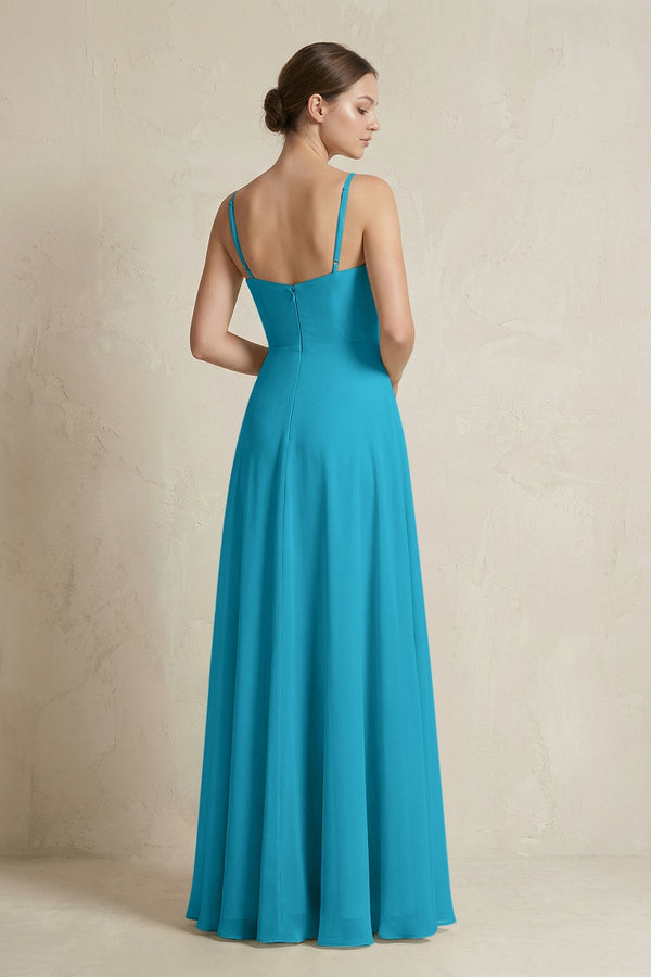 A - Line Ruffled Spaghetti Strap Chiffon Bridesmaid Dress in Blue Jay - KissProm Bridesmaid Dresses