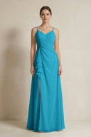 A - Line Ruffled Spaghetti Strap Chiffon Bridesmaid Dress in Blue Jay - KissProm Bridesmaid Dresses