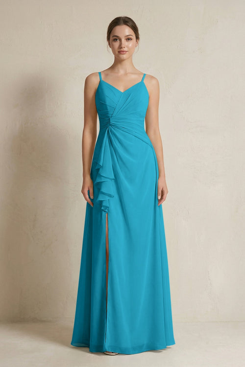 A - Line Ruffled Spaghetti Strap Chiffon Bridesmaid Dress in Blue Jay - KissProm Bridesmaid Dresses