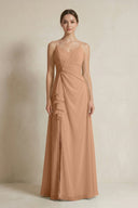 A - Line Ruffled Spaghetti Strap Chiffon Bridesmaid Dress in Bronzer - KissProm Bridesmaid Dresses