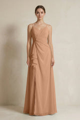 A - Line Ruffled Spaghetti Strap Chiffon Bridesmaid Dress in Bronzer - KissProm Bridesmaid Dresses