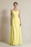 A - Line Ruffled Spaghetti Strap Chiffon Bridesmaid Dress in Buttercup - KissProm Bridesmaid Dresses