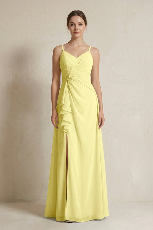 A - Line Ruffled Spaghetti Strap Chiffon Bridesmaid Dress in Buttercup - KissProm Bridesmaid Dresses