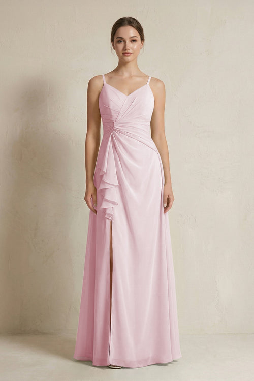 A - Line Ruffled Spaghetti Strap Chiffon Bridesmaid Dress in Candy Pink - KissProm Bridesmaid Dresses