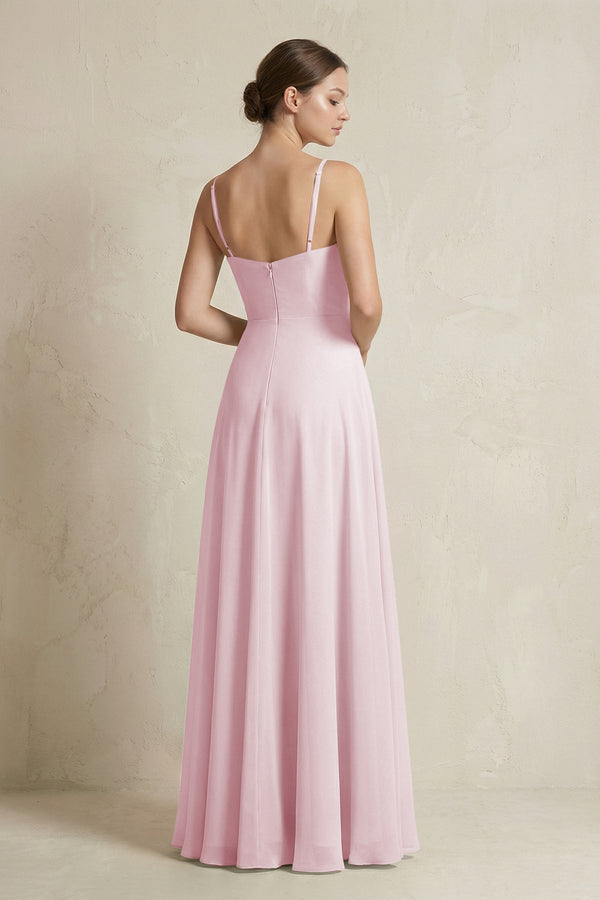 A - Line Ruffled Spaghetti Strap Chiffon Bridesmaid Dress in Candy Pink - KissProm Bridesmaid Dresses