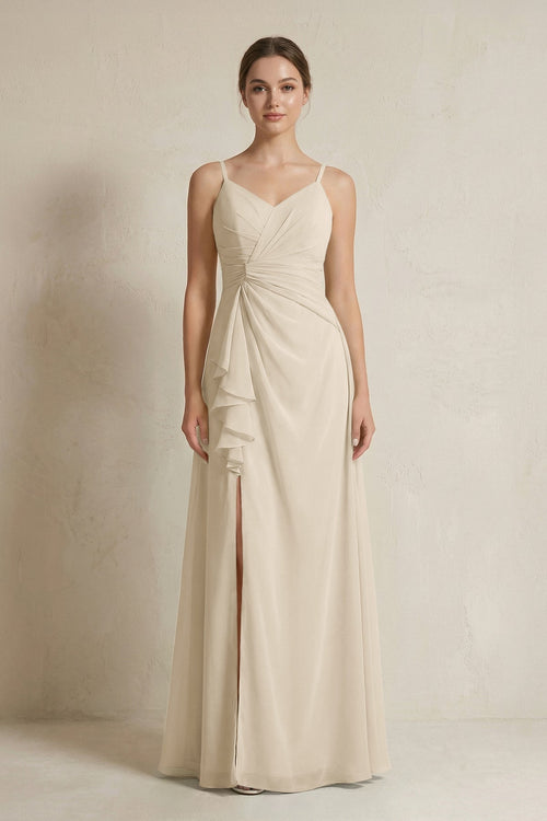 A - Line Ruffled Spaghetti Strap Chiffon Bridesmaid Dress in Champagne - KissProm Bridesmaid Dresses