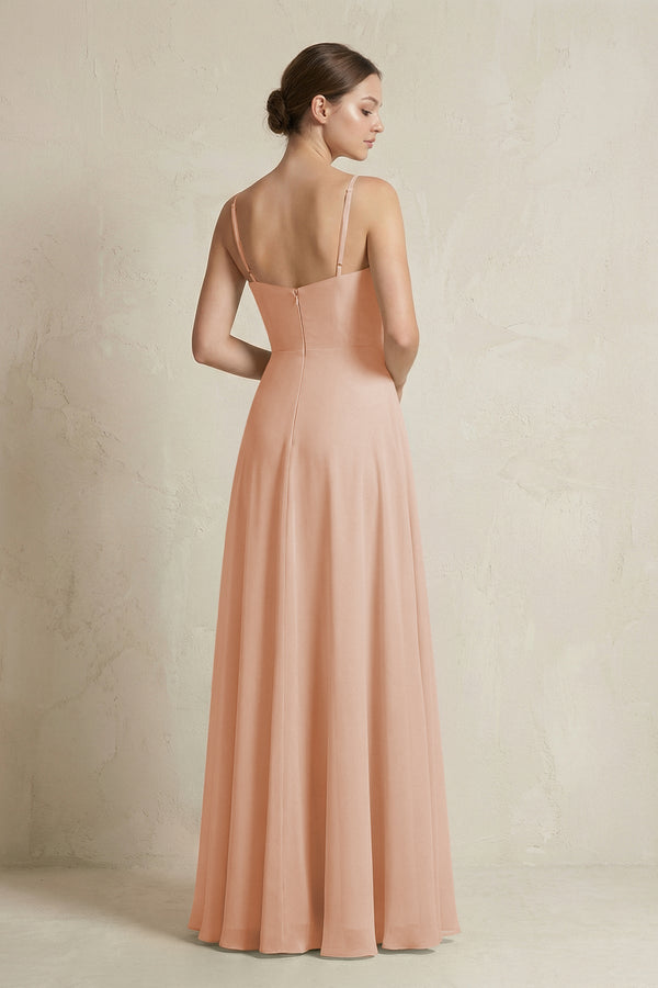 A - Line Ruffled Spaghetti Strap Chiffon Bridesmaid Dress in Champagne Rose - KissProm Bridesmaid Dresses