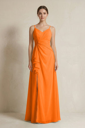 A - Line Ruffled Spaghetti Strap Chiffon Bridesmaid Dress in Cinnamon - KissProm Bridesmaid Dresses
