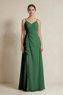 A - Line Ruffled Spaghetti Strap Chiffon Bridesmaid Dress in Dark Green - KissProm Bridesmaid Dresses