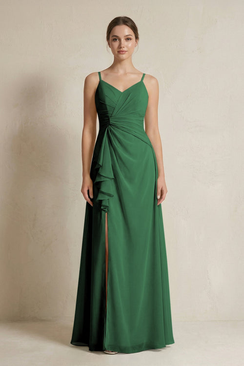 A-Line Ruffled Spaghetti Strap Chiffon Bridesmaid Dress in Dark Green, Dark Green / 26