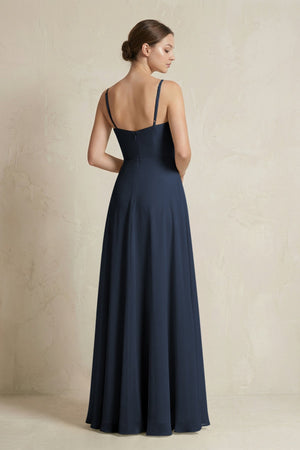 A - Line Ruffled Spaghetti Strap Chiffon Bridesmaid Dress in Dark Navy - KissProm Bridesmaid Dresses
