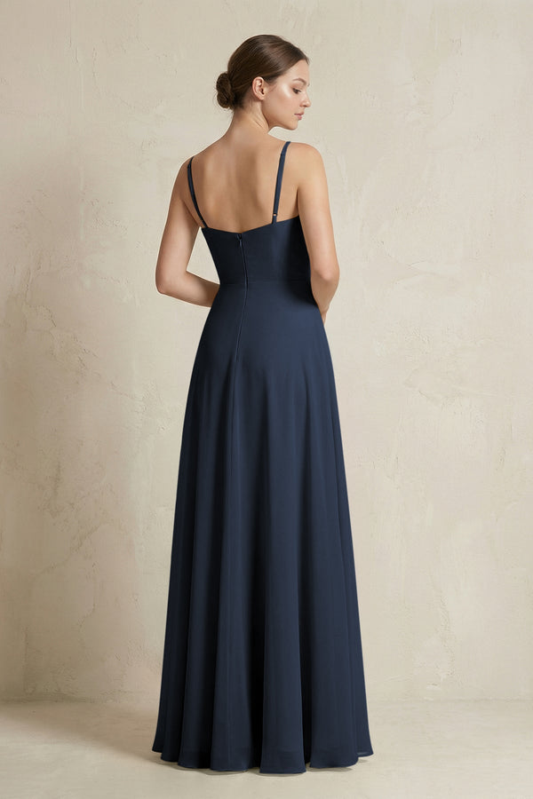 A - Line Ruffled Spaghetti Strap Chiffon Bridesmaid Dress in Dark Navy - KissProm Bridesmaid Dresses