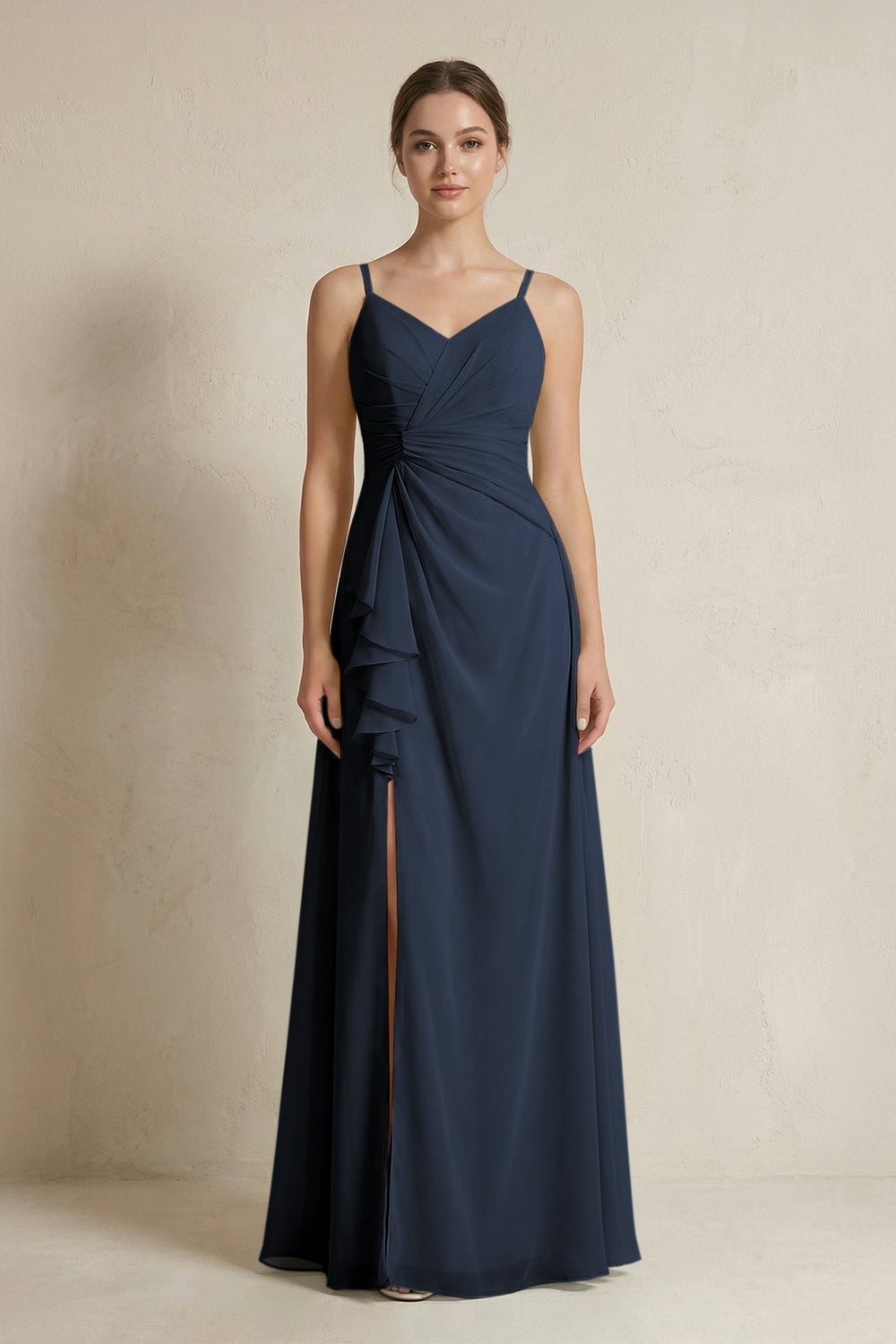 A - Line Ruffled Spaghetti Strap Chiffon Bridesmaid Dress in Dark Navy - KissProm Bridesmaid Dresses