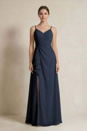 A - Line Ruffled Spaghetti Strap Chiffon Bridesmaid Dress in Dark Navy - KissProm Bridesmaid Dresses