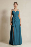 A - Line Ruffled Spaghetti Strap Chiffon Bridesmaid Dress in Dark Teal - KissProm Bridesmaid Dresses