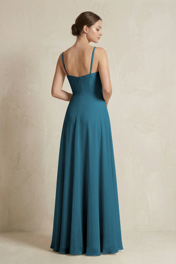 A - Line Ruffled Spaghetti Strap Chiffon Bridesmaid Dress in Dark Teal - KissProm Bridesmaid Dresses