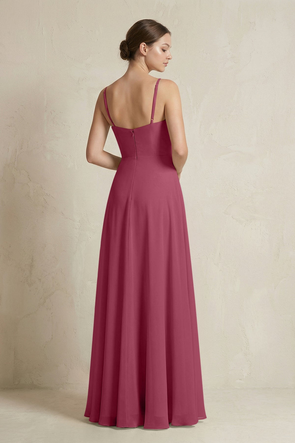 A - Line Ruffled Spaghetti Strap Chiffon Bridesmaid Dress in Desert Rose - KissProm Bridesmaid Dresses