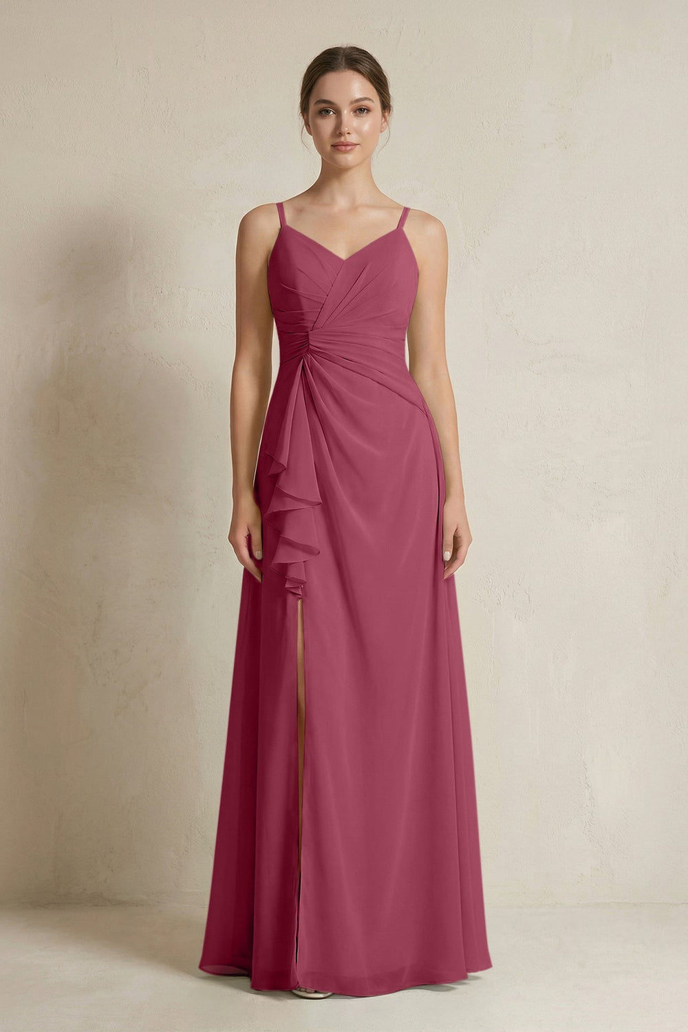 A - Line Ruffled Spaghetti Strap Chiffon Bridesmaid Dress in Desert Rose - KissProm Bridesmaid Dresses