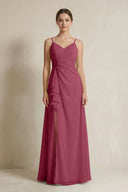 A - Line Ruffled Spaghetti Strap Chiffon Bridesmaid Dress in Desert Rose - KissProm Bridesmaid Dresses