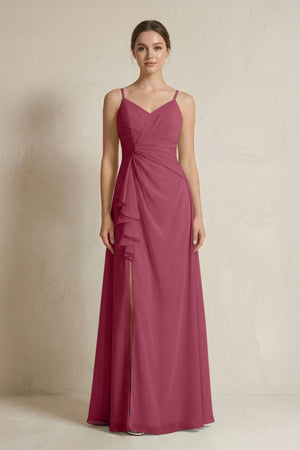 A - Line Ruffled Spaghetti Strap Chiffon Bridesmaid Dress in Desert Rose - KissProm Bridesmaid Dresses