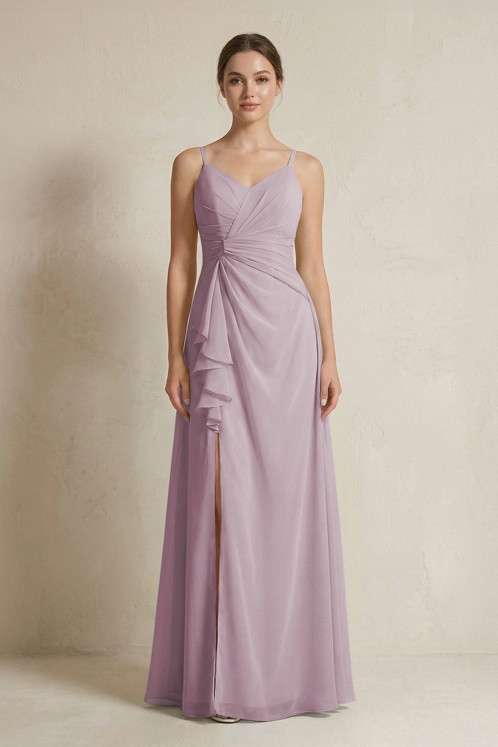 A - Line Ruffled Spaghetti Strap Chiffon Bridesmaid Dress in Dusk - KissProm Bridesmaid Dresses