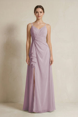A - Line Ruffled Spaghetti Strap Chiffon Bridesmaid Dress in Dusk - KissProm Bridesmaid Dresses
