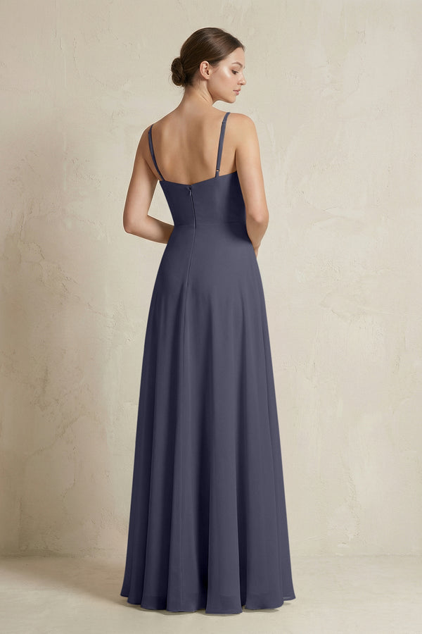 A - Line Ruffled Spaghetti Strap Chiffon Bridesmaid Dress in Dusk Blue - KissProm Bridesmaid Dresses