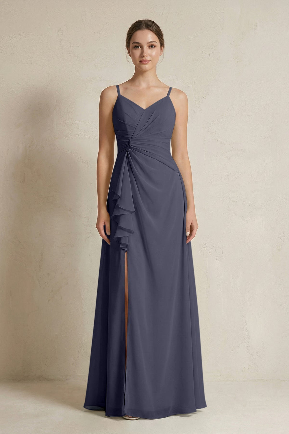 A - Line Ruffled Spaghetti Strap Chiffon Bridesmaid Dress in Dusk Blue - KissProm Bridesmaid Dresses