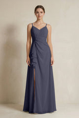 A - Line Ruffled Spaghetti Strap Chiffon Bridesmaid Dress in Dusk Blue - KissProm Bridesmaid Dresses