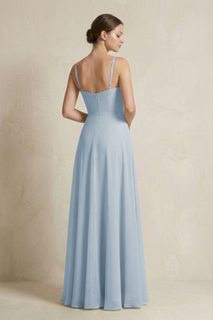 A - Line Ruffled Spaghetti Strap Chiffon Bridesmaid Dress in Dusty Blue - KissProm Bridesmaid Dresses