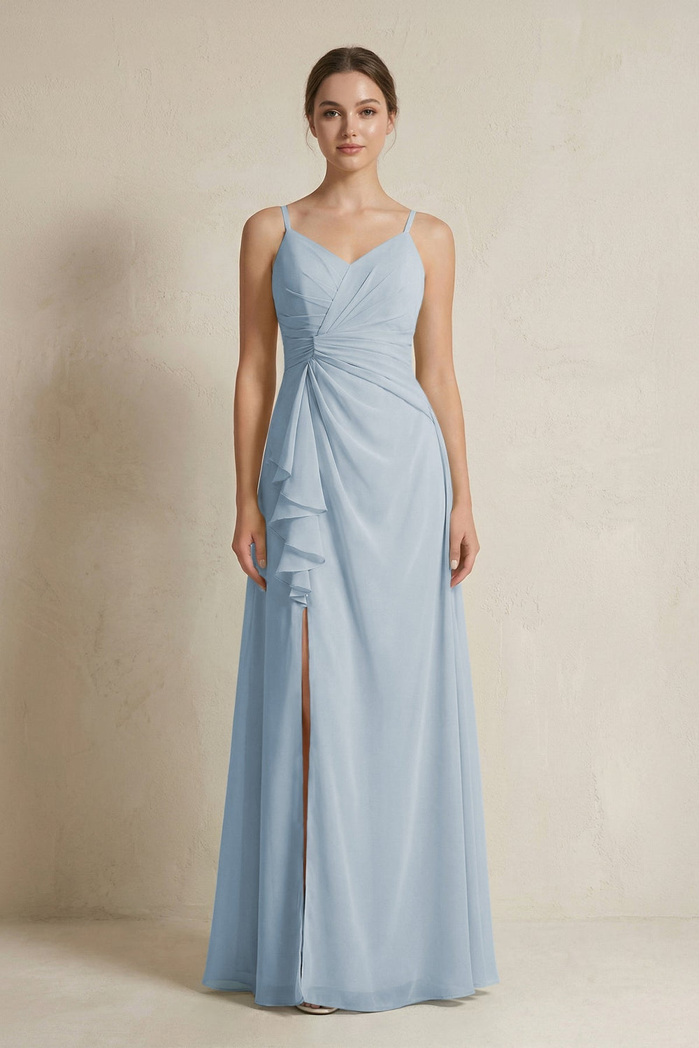 A - Line Ruffled Spaghetti Strap Chiffon Bridesmaid Dress in Dusty Blue - KissProm Bridesmaid Dresses