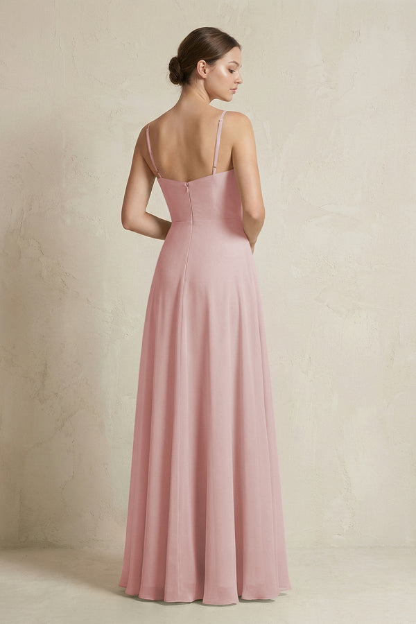 A - Line Ruffled Spaghetti Strap Chiffon Bridesmaid Dress in Dusty Rose - KissProm Bridesmaid Dresses