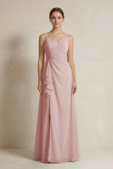 A - Line Ruffled Spaghetti Strap Chiffon Bridesmaid Dress in Dusty Rose - KissProm Bridesmaid Dresses