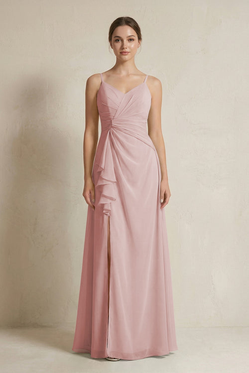 A - Line Ruffled Spaghetti Strap Chiffon Bridesmaid Dress in Dusty Rose - KissProm Bridesmaid Dresses