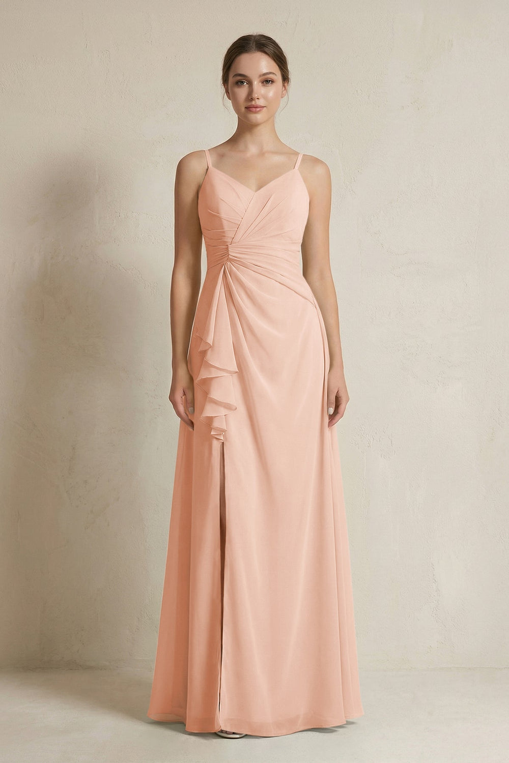 A - Line Ruffled Spaghetti Strap Chiffon Bridesmaid Dress in English Rose - KissProm Bridesmaid Dresses