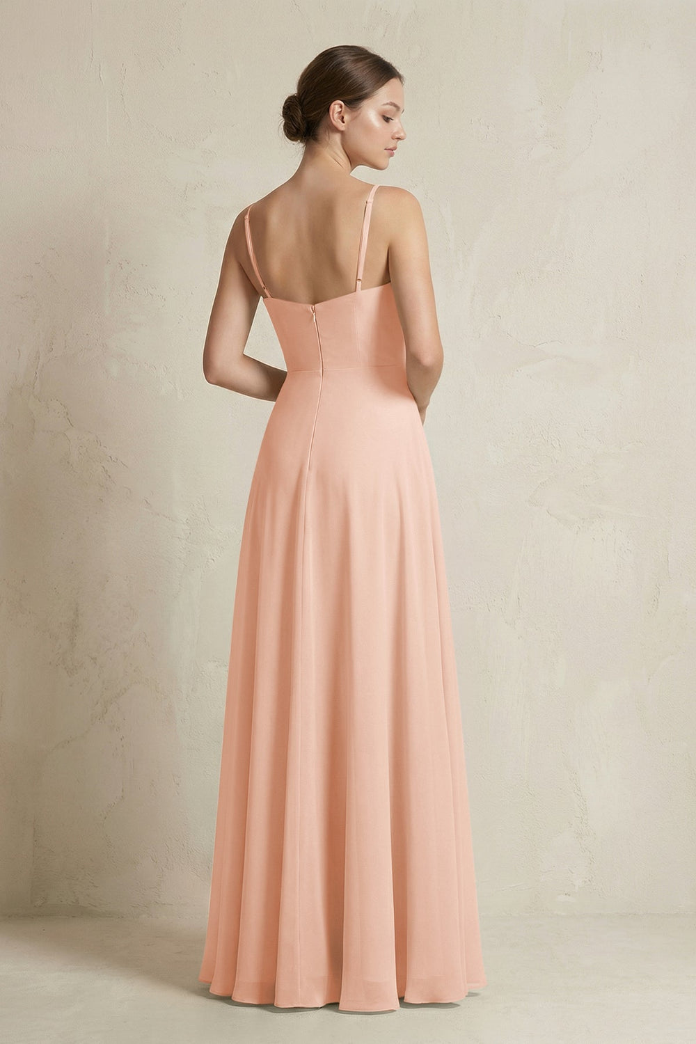 A - Line Ruffled Spaghetti Strap Chiffon Bridesmaid Dress in English Rose - KissProm Bridesmaid Dresses