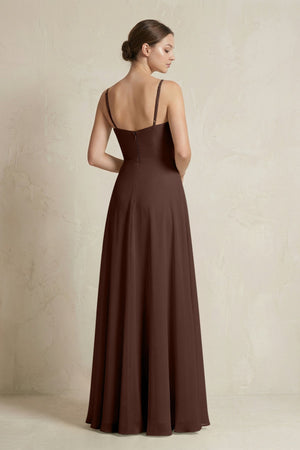 A - Line Ruffled Spaghetti Strap Chiffon Bridesmaid Dress in Espresso - KissProm Bridesmaid Dresses