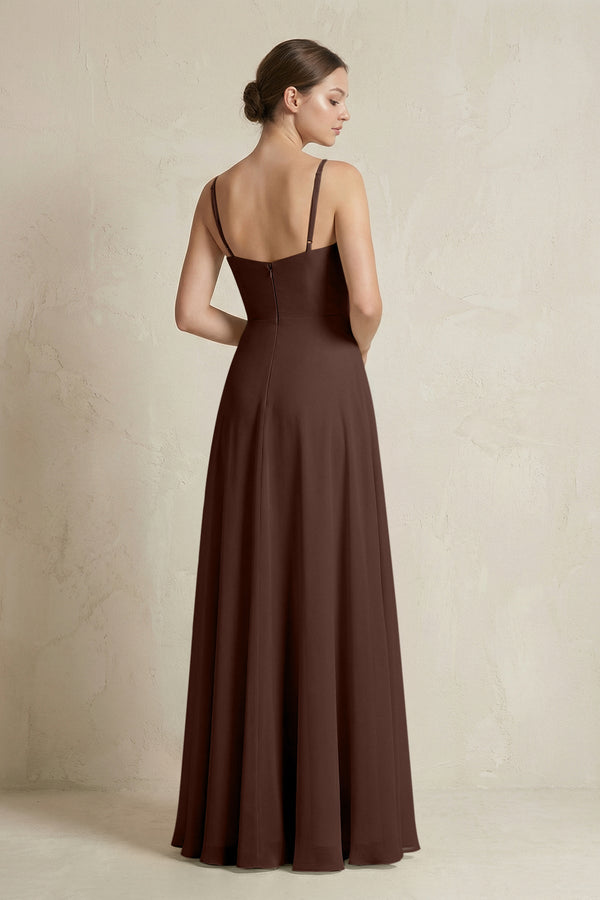 A - Line Ruffled Spaghetti Strap Chiffon Bridesmaid Dress in Espresso - KissProm Bridesmaid Dresses