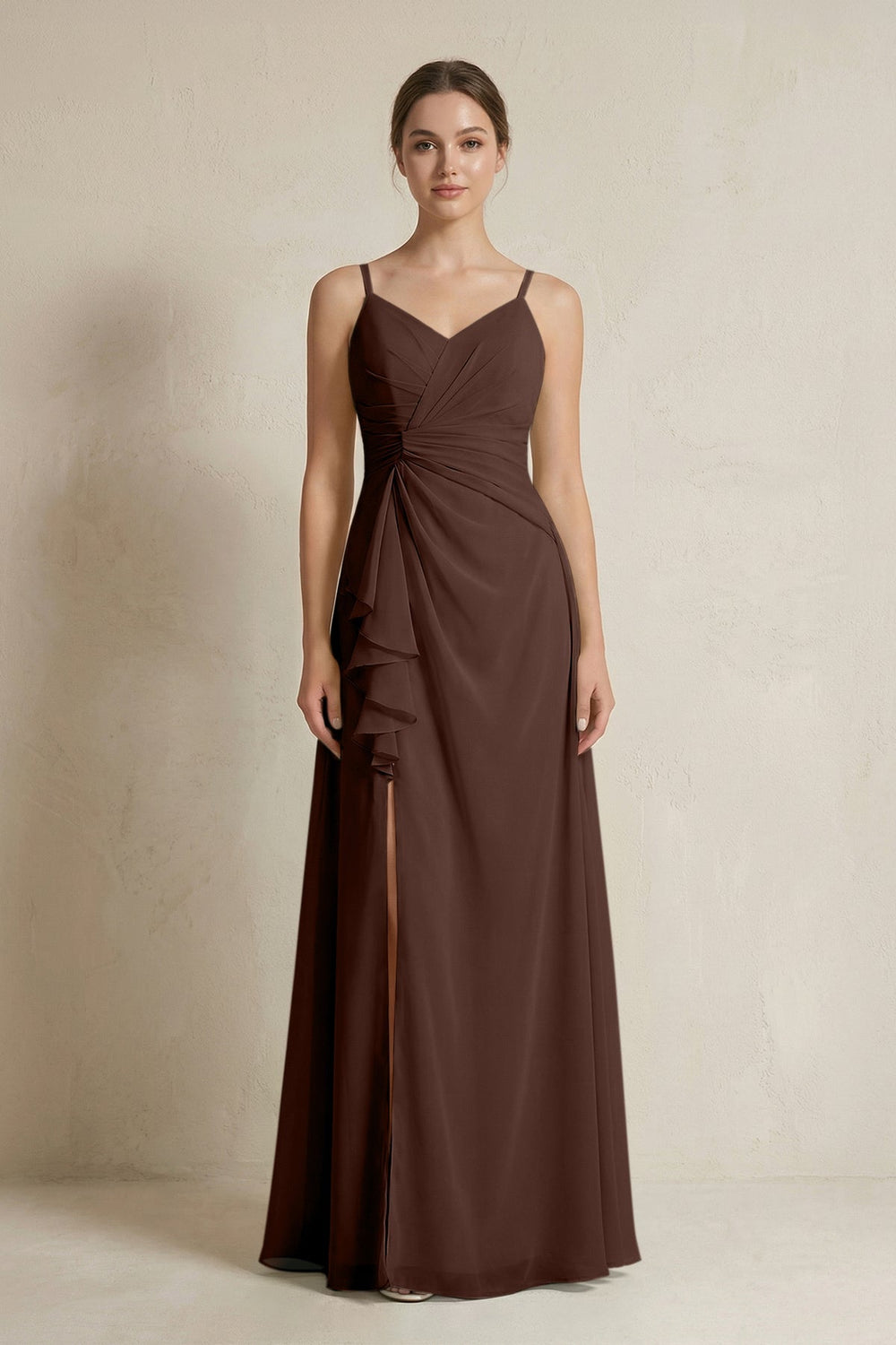 A - Line Ruffled Spaghetti Strap Chiffon Bridesmaid Dress in Espresso - KissProm Bridesmaid Dresses