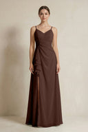 A - Line Ruffled Spaghetti Strap Chiffon Bridesmaid Dress in Espresso - KissProm Bridesmaid Dresses
